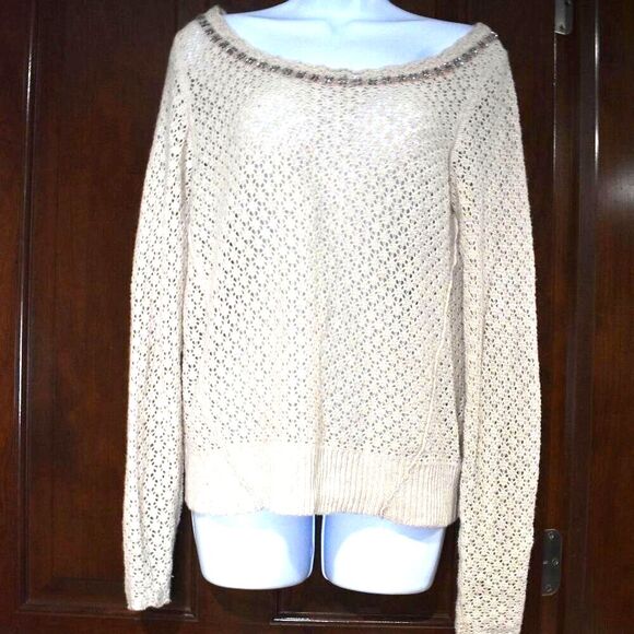 Free People Off White Wool Blend Open Knit Sweater Small Embellished Scoop Neck - Picture 9 of 12
